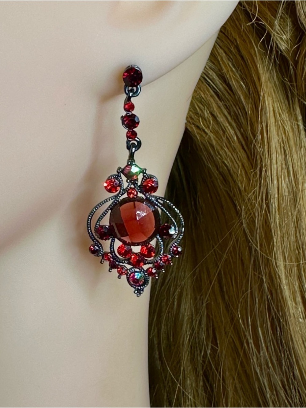 Vintage Red Crystal Statement Chandelier Drop Earrings Gothic Glam